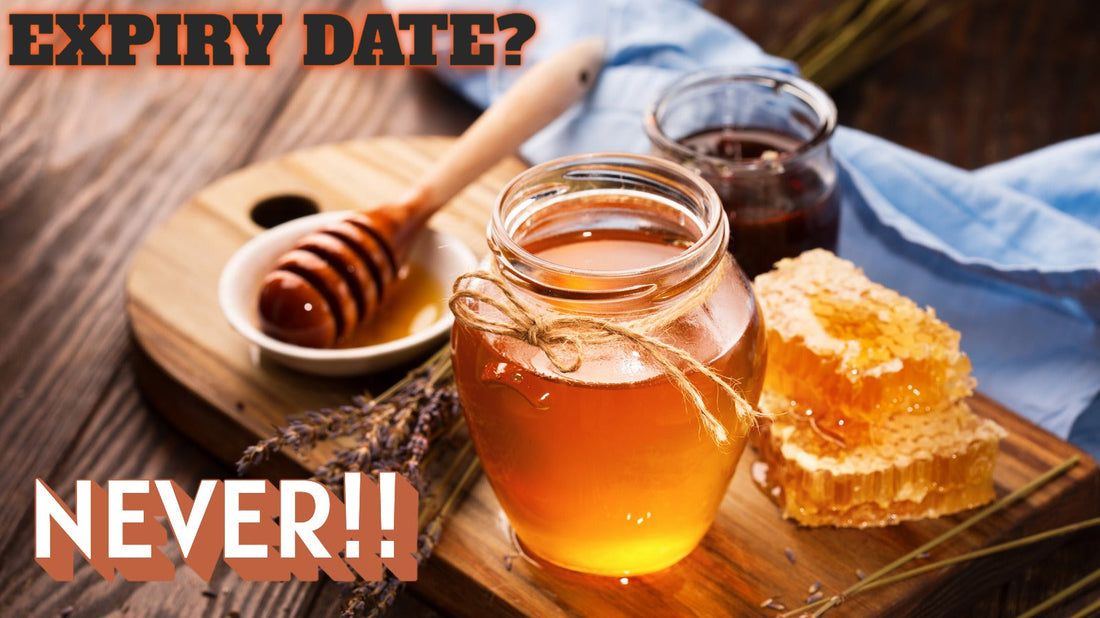 A jar of Manuka Honey and a honeycomb. honey never spoils, especially powerful New Zealand Mānuka honey.