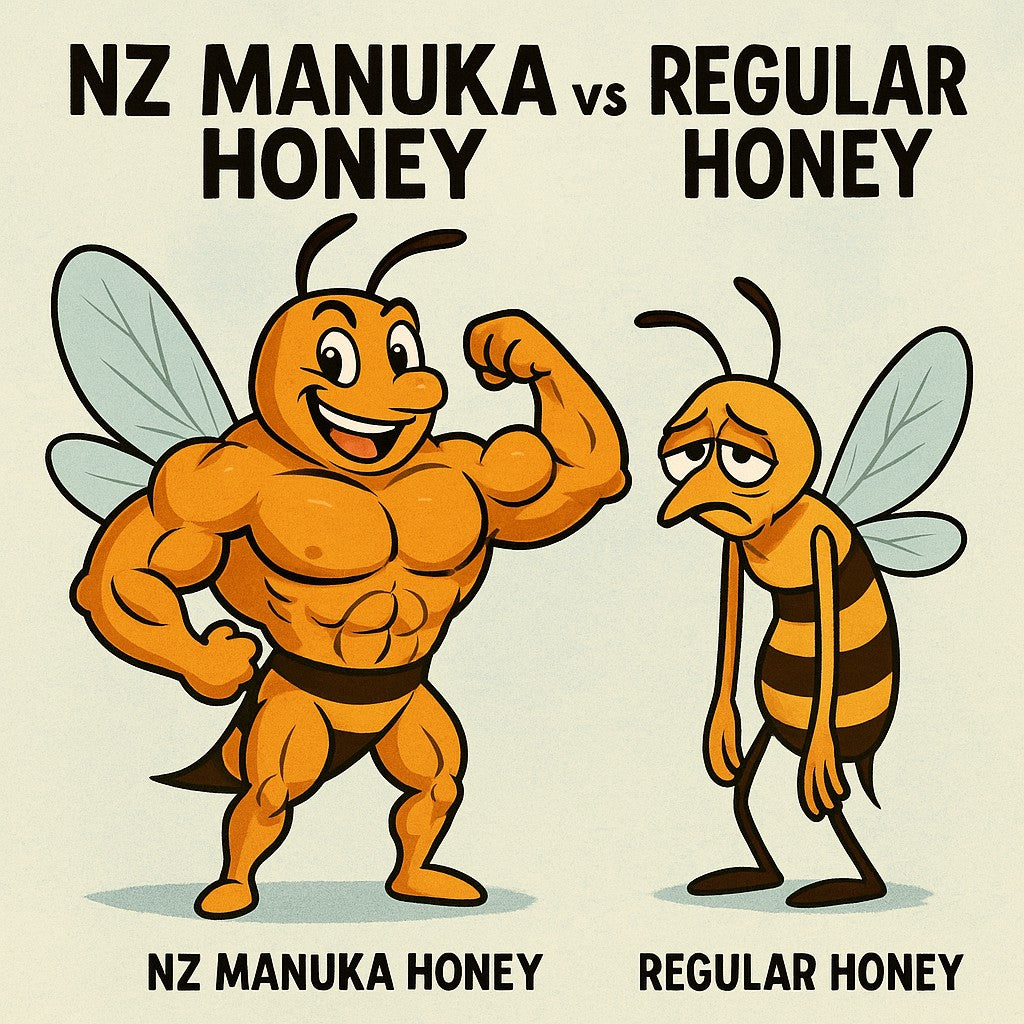 A cortoonish comparison between a very healthy, happy, muscled NZ Manuka honey bee and a weak, tired looking Regular Honey Bee.