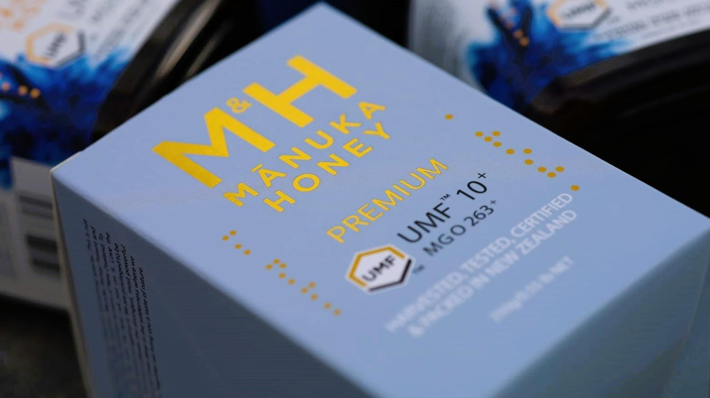 Box of M&H Manuka Honey with visible branding and product details.