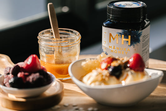 Berries, ice cream, yoghurt, nuts, dripping with M&H Manuka Honey - Summer Cocktail