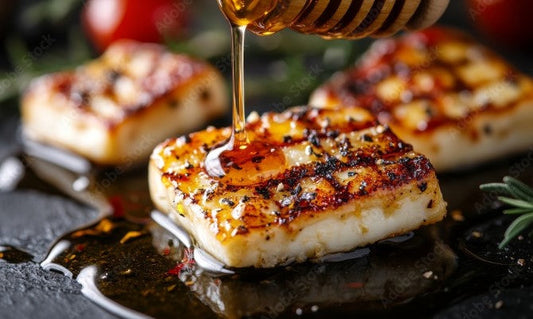 drizzling manuka honey over fried haloumi cheese