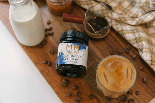 M&H Manuka Honey Jar, with an iced coffee and milk 