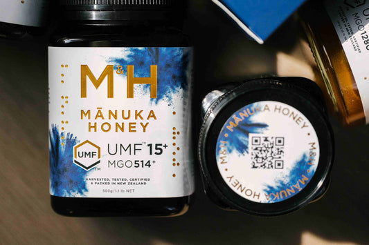 Manuka Hunters honey jars, top and front view photo